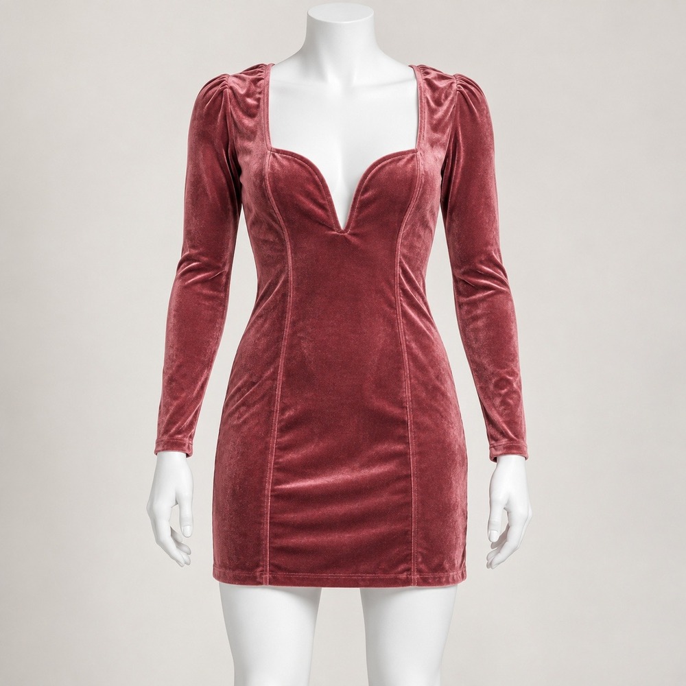 Forever 21 Ribbed Velvet Mini Dress Womens Medium Burgundy V-Neck Long Sleeve